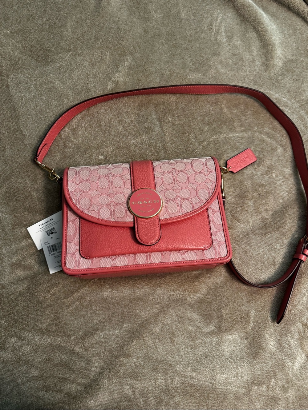 Coach Pink Signature Crossbody Bag with Coral Leather Trim